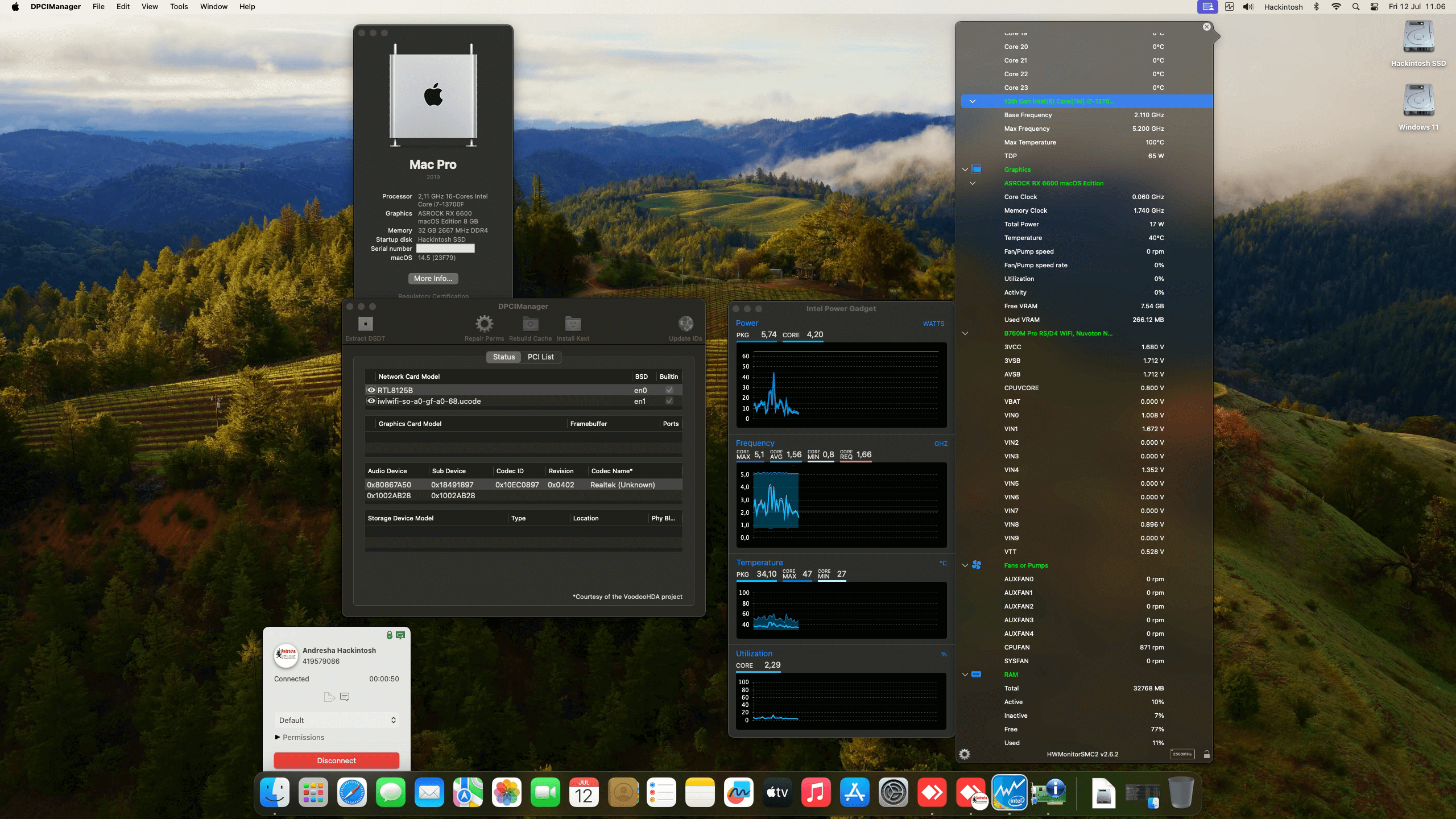 Success Hackintosh macOS Sonoma 14.5 Build 23F79 in Asrock B760M Pro RS/D4 Wifi + Intel Core i7 13700F + Asrock RX 6600